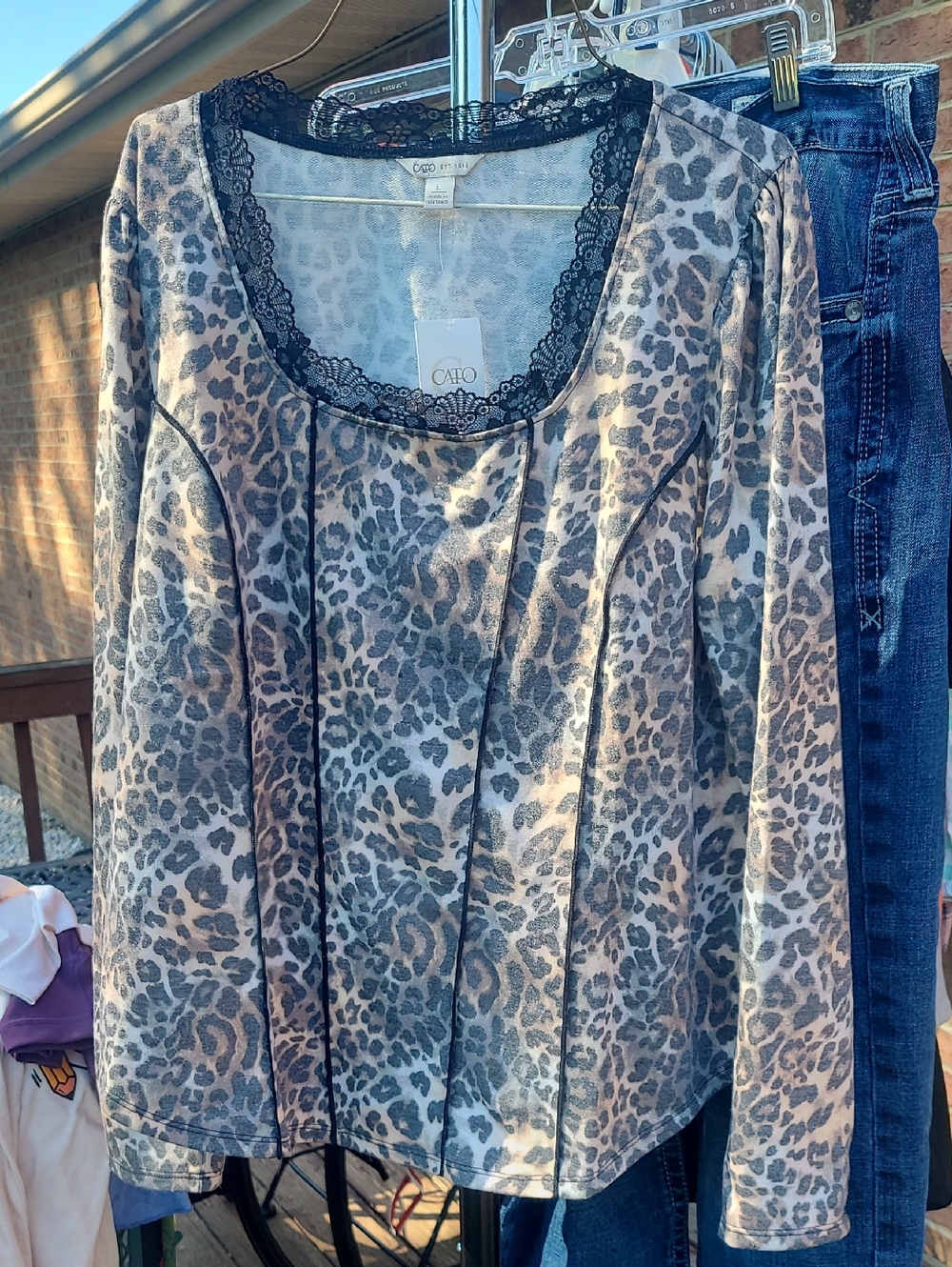 Cato Beige and Black Leopard-Print Long Sleeve Top with Lace Trim